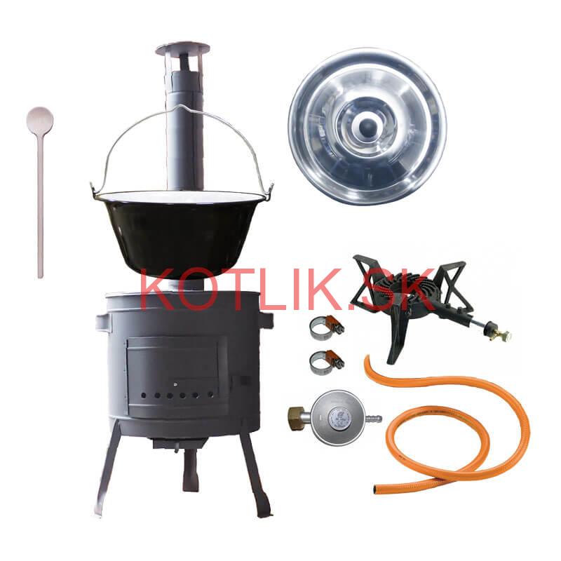 Smaltovaný kotlík (1,2 mm) 25 L + liatinový horák 5,5 kW + nízka kotlina 42 PLUS 600 + nerezová pokrievka INOX