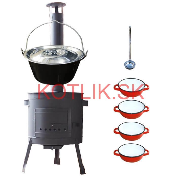 Smaltovaný kotlík 30 L + selské misky 4 ks + nízka žiaruvzdorná kotlina 45 cm PLUS 600