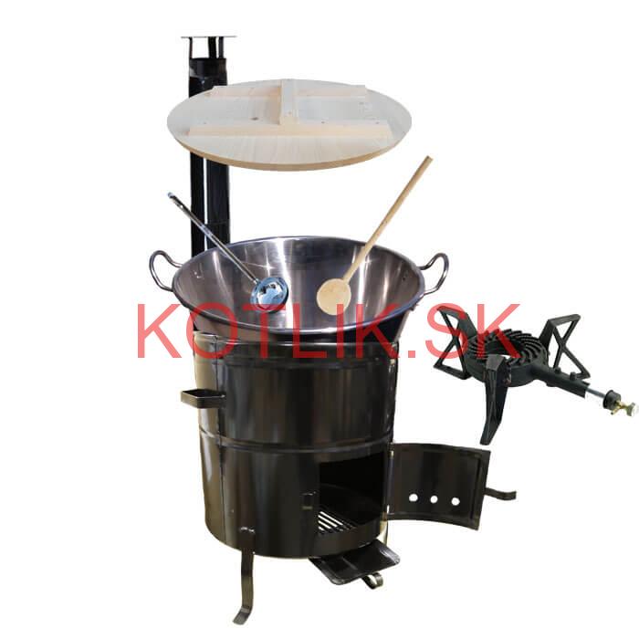 Zabíjačkový nerezový kotol 100 L, kovová kotlina 60 cm, drevená pokrievka, horák 7 kW + dymovod