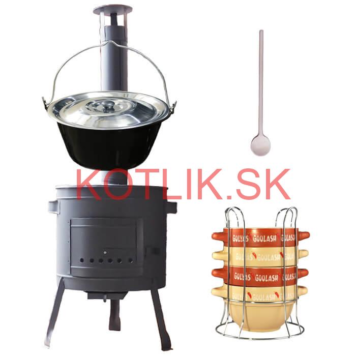 Smaltovaný kotlík 25 L (1,2 mm) + misky na guláš 4 ks + nízka žiaruvzdorná kotlina 42 PLUS 600