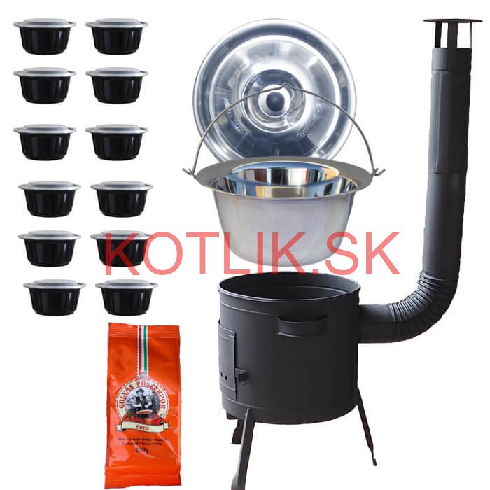 Nerezový kotlík 22 L (0,8 mm) + korenie na guláš 100 g + misky 12 ks + nízka žiaruvzdorná kotlina (0,8 mm) 42 PLUS 600