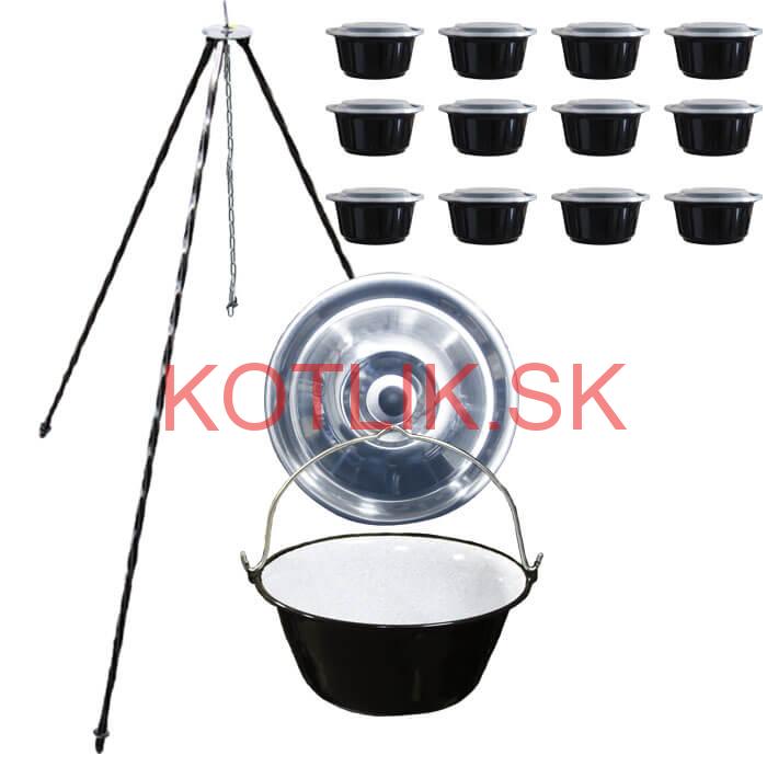 Smaltovaný kotlík 13 L + pokrievka + stojan + misky 12 ks