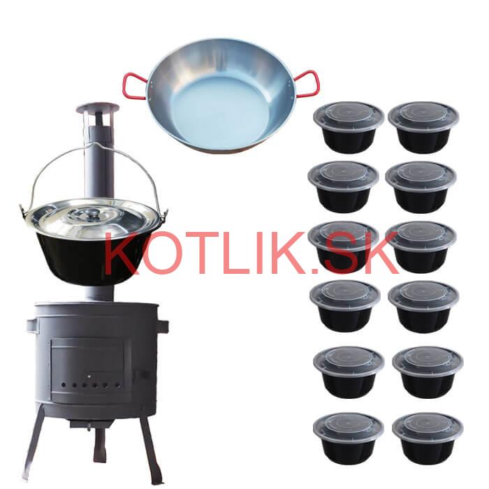 Smaltovaný kotlík 22 L + Panvica PAELLA (WOK) 45 cm + misky 12 ks + nízka kotlina 42 PLUS 600