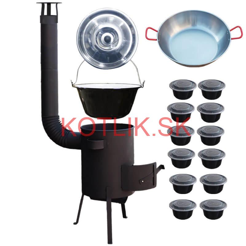 Smaltovaný kotlík 22 L + Panvica PAELLA (WOK) 45 cm + misky 12 ks + žiaruvzdorná kotlina 42 PLUS 600 s roštom na popol 4 mm