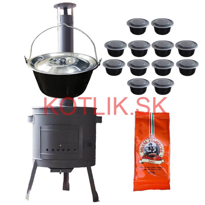 Smaltovaný kotlík 20 L (1,2 mm) + pokrievka + misky 12 ks + nízka žiaruvzdorná kotlina (0,8 mm) 42 PLUS 600