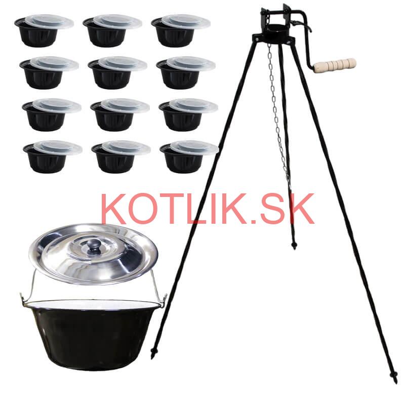 Smaltovaný kotlík 25 L + stojan s kladkou VAR + misky 12 ks