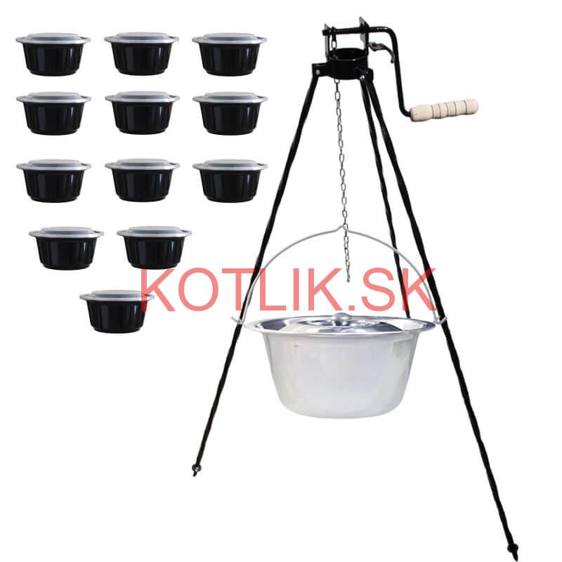 Nerezový kotlík 20 L (0,8 mm) + stojan s kladkou VAR + misky 12 ks