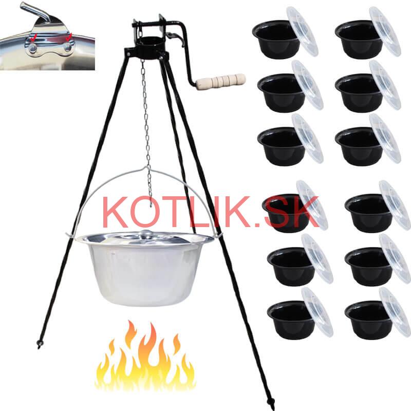 Antikorový kotlík 15 L (0,8 mm) s nitmi + stojan s kladkou VAR + misky 12 ks