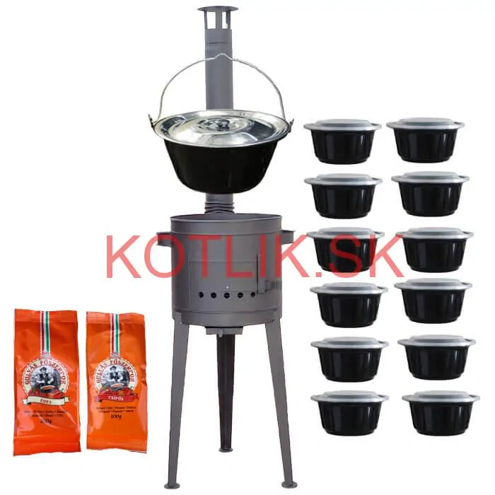 Smaltovaný kotlík 22 L (1,2 mm) + vysoká žiaruvzdorná kotlina (1,5 mm) HODO 42 cm PLUS 600 + misky 12 ks + 2 x korenie na guláš 100 g