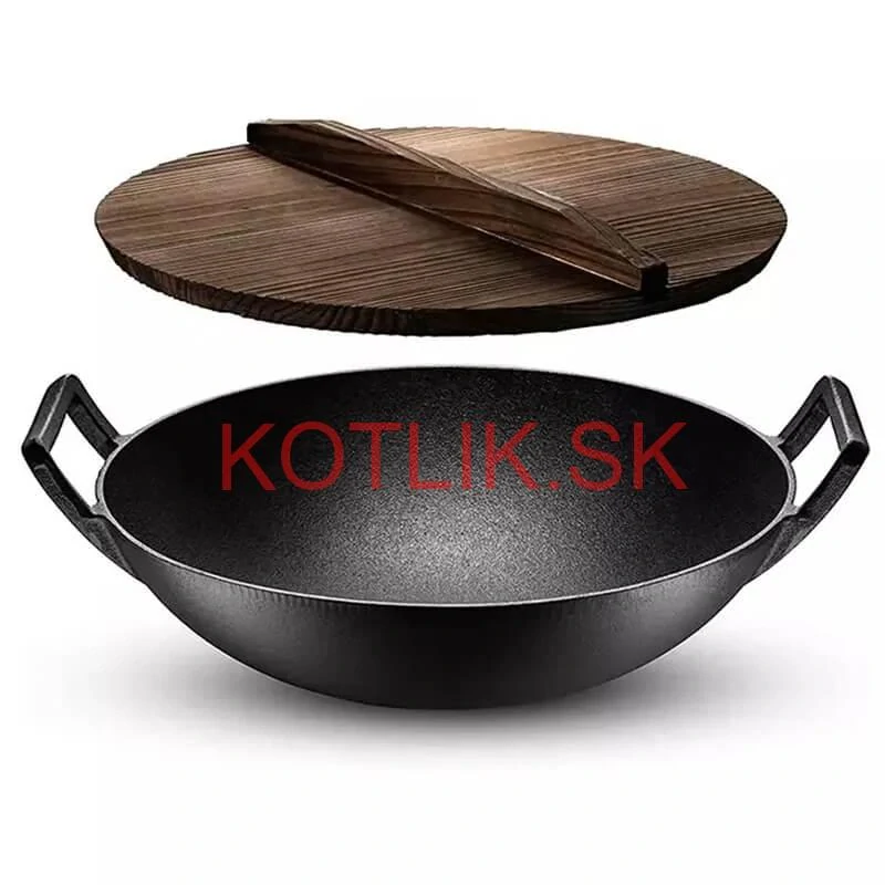 Liatinový čínsky wok 36,5 cm s drevenou pokrievkou