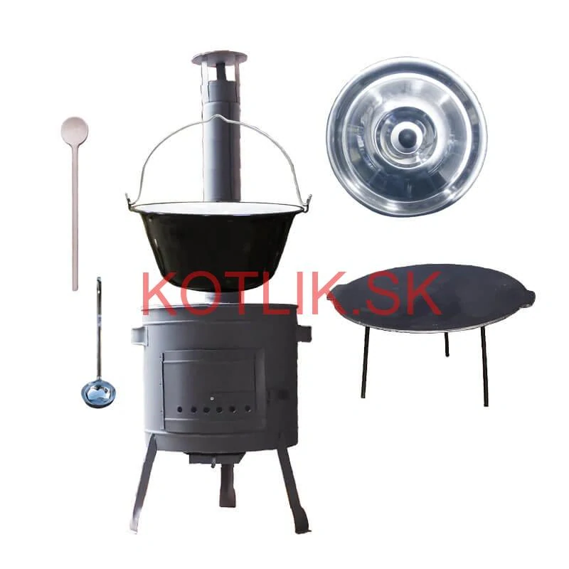 Smaltovaný kotlík 22 L + liatinová panvica 45 cm + nízka žiaruvzdorná kotlina 42 cm PLUS 600