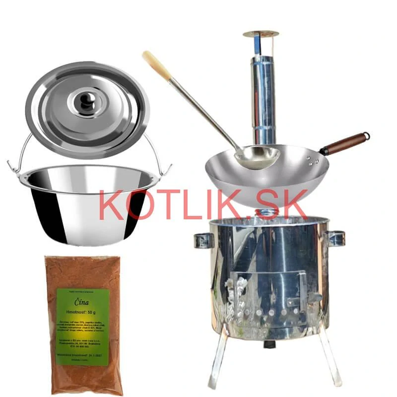 Nerezový kotlík 10 L (0,8 mm) + nerezová kotlina 31 INOX LUSTRO + Wok + korenie 50 g
