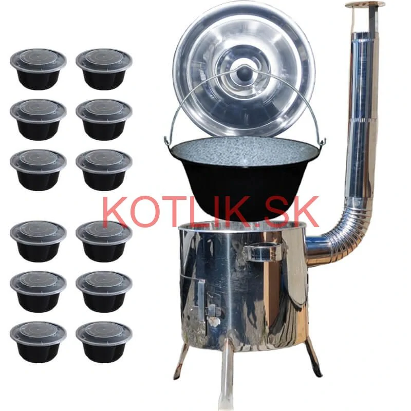 Smaltovaný kotlík 13 L + Nerezová kotlina 36 INOX LUSTRO + misky 12 ks