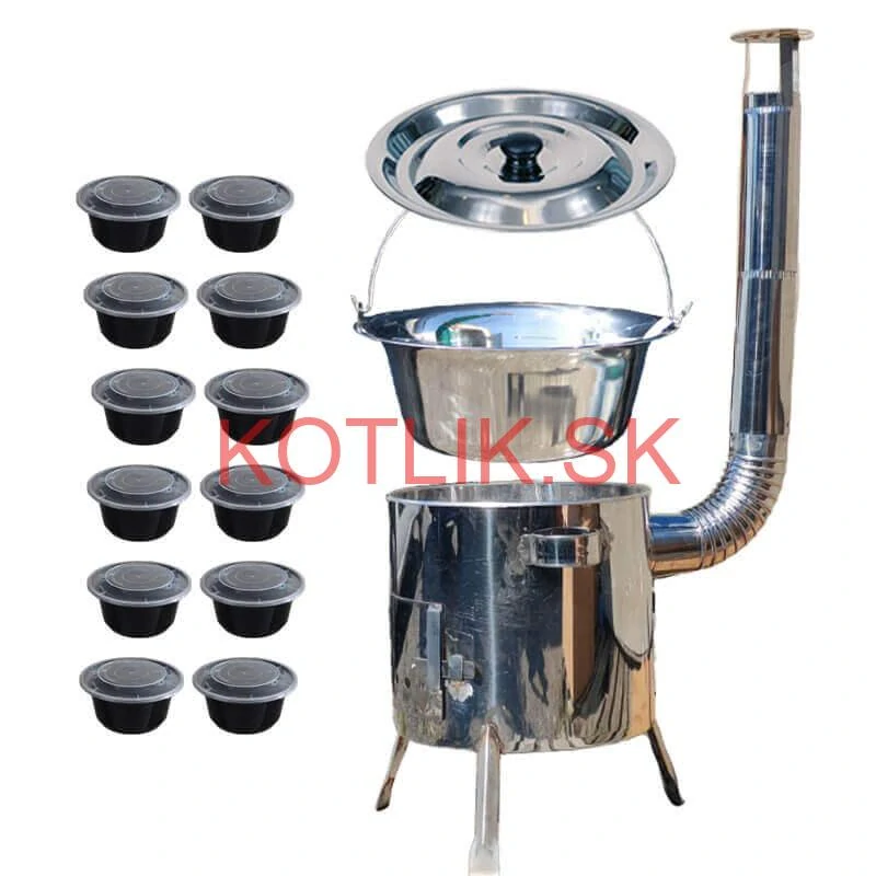 Nerezový kotlík 14 L (0,8 mm) INOX + Nerezová kotlina 36 INOX LUSTRO + misky 12 ks