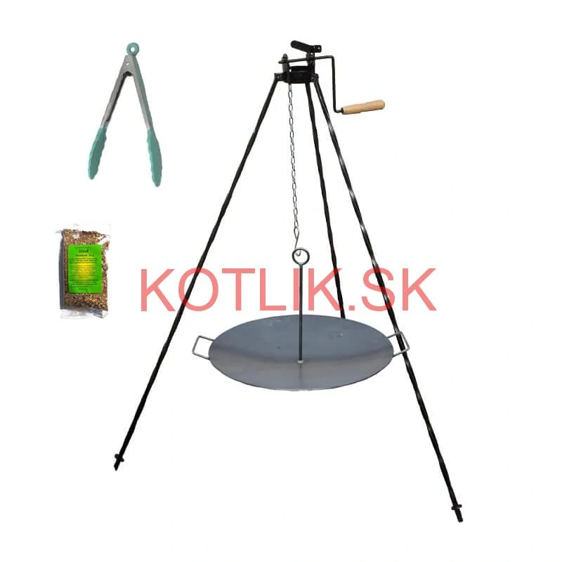 Grilovacia súprava CLASSIC STEEL PRO: Trojnožka 1,2 m s kladkou + Železná panvica 49 cm