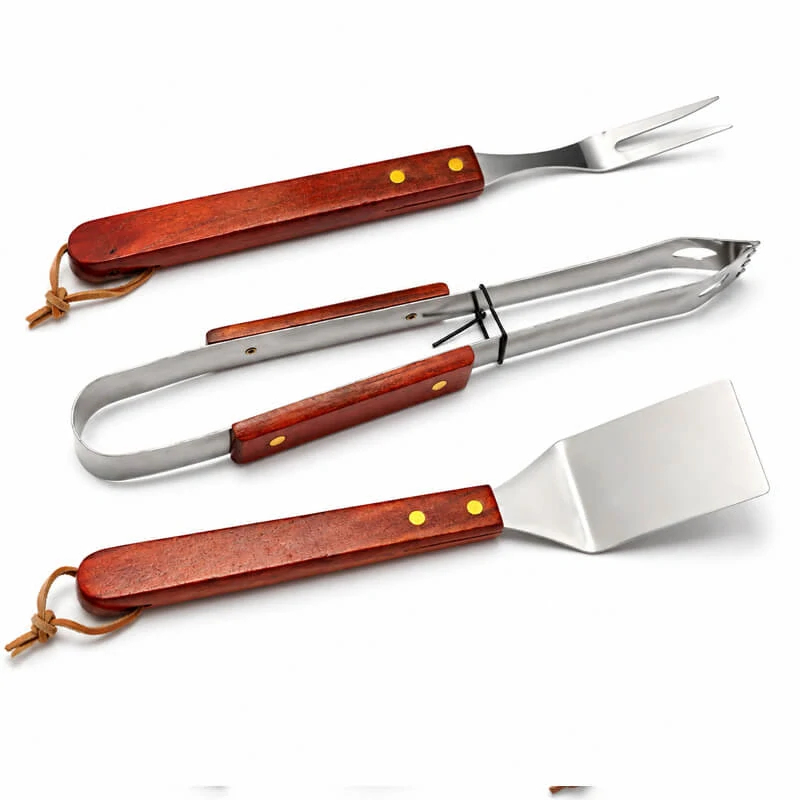 Grilovacie náradie BBQ – súprava 3 ks, nerez a drevo, 33 cm
