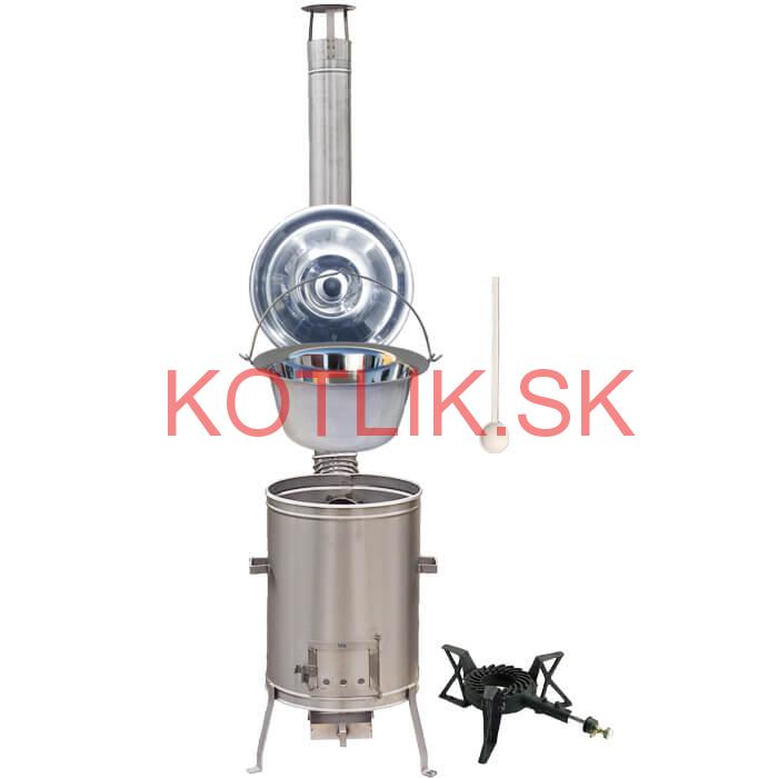 Antikorový kotlík 10 L (1,2 mm) + nerezová kotlina 36 cm + liatinový horák 7 kW, vareška LUX