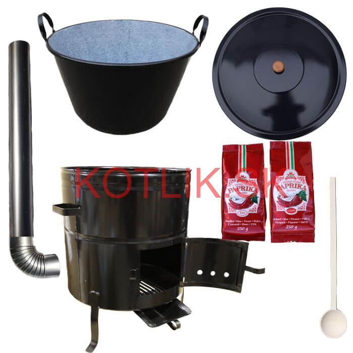 Smaltovaný kotlík na guláš 60 L (1,2 mm) s uškami + kovová kotlina 53 cm a maďarská paprika MAX PARTY