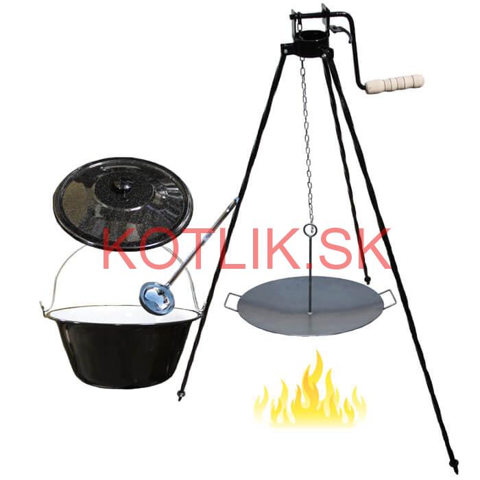 Smaltovaný kotlík 16 L (1,2 mm) + panvica na grilovanie a stojan s kladkou VAR
