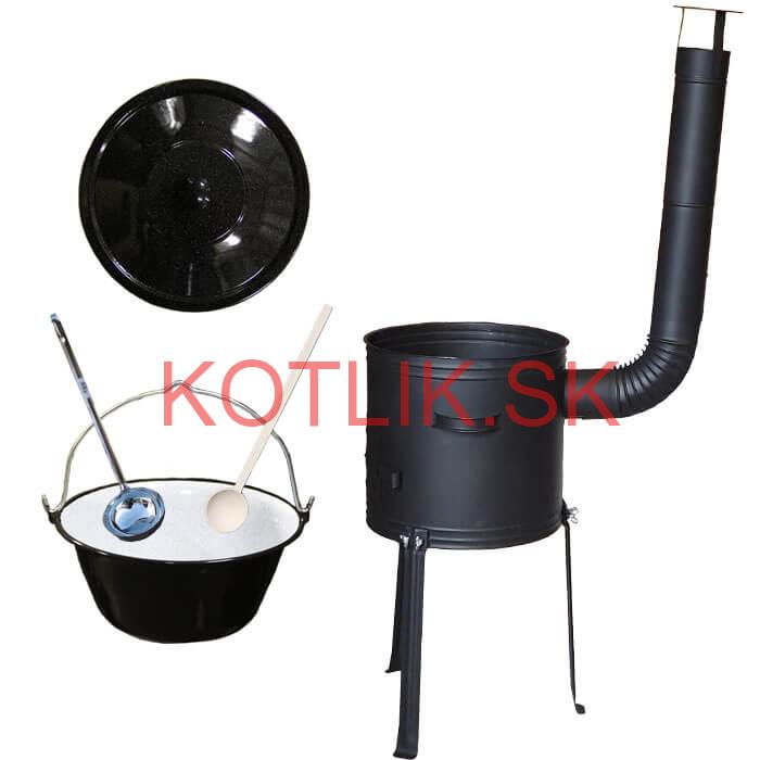 Smaltovaný kotlík 30 L + kovová kotlina s vysokými nožičkami 42 cm + vareška a naberačka