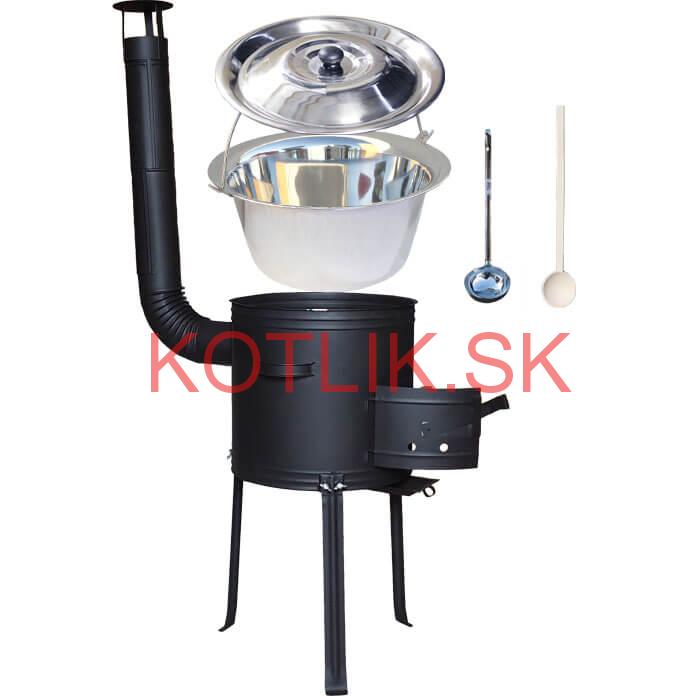 Antikorový kotlík 15 L (1,2 mm) + kovová kotlina s vysokými nožičkami 36 cm, žiaruvzdorná farba Plus 700 + vareška a naberačka