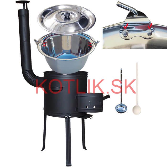 Antikorový kotlík 15 L (0,8 mm) zosilnený s nitmi + kovová kotlina s vysokými nožičkami 36 cm, žiaruvzdorná farba Plus 700 + vareška a naberačka