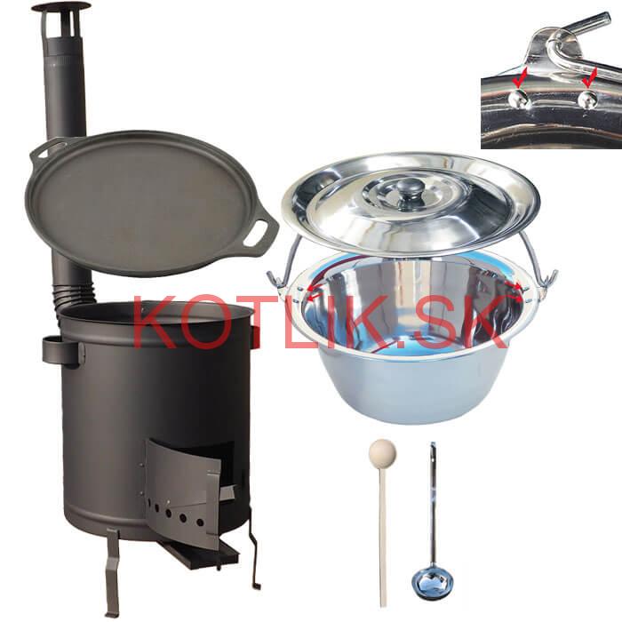 Nerezový kotlík 20 L (0,8 mm) zosilnený s nitmi + Liatinová panvica 43 cm + hrubostenná (1,5 mm) a žiaruvzdorná kotlina 42 PLUS 600