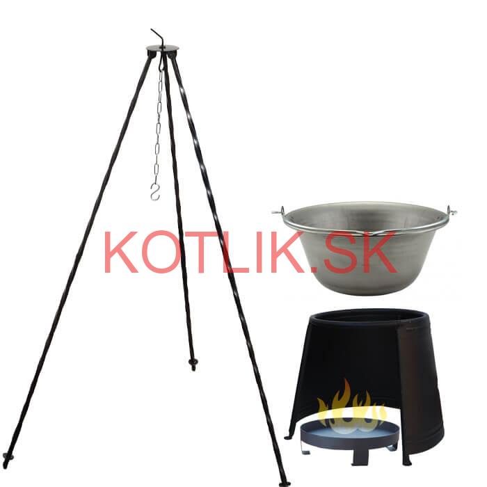 Železný kotlík 10 L (0,75 mm) + chránič plameňa 37 cm + ohnisko 36 cm + trojnožka 1,2 m