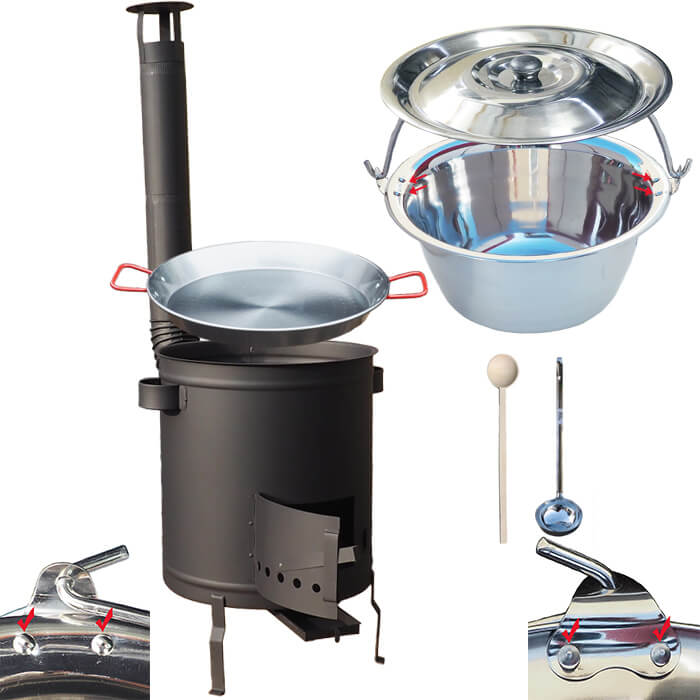 Nerezový kotlík 15 L (0,8 mm) zosilnený s nitmi + Paella panvica 38 cm + hrubostenná (1,5 mm) žiaruvzdorná kotlina 36 PLUS 600