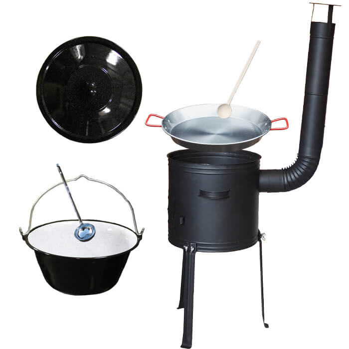Smaltovaný kotlík 20 L + Paella panvica 46 cm + kovová kotlina s vysokými nožičkami 42 cm, žiaruvzdorná farba Plus 700