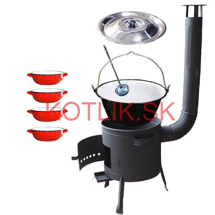 Smaltovaný kotlík 20 L + selské misky 4 ks + nízka žiaruvzdorná kotlina 42 cm PLUS 600