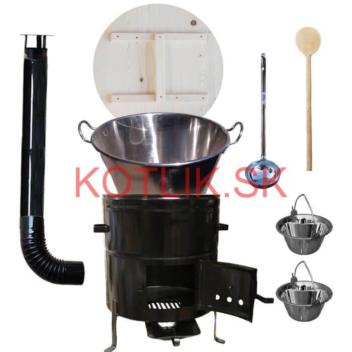 Zabíjačkový nerezový kotol 100 L, kovová kotlina 60 cm, smaltovaná pokrievka + 2 servírovacie antikorové kotlíky