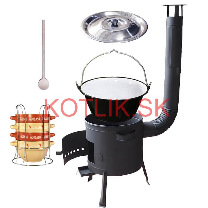 Smaltovaný kotlík 25 L (1,2 mm) + misky na guláš 4 ks + nízka žiaruvzdorná kotlina 42 PLUS 600