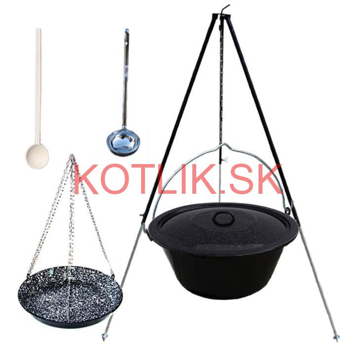Smaltovaný kotlík 30 L + panvica na grilovanie + teleskopická trojnožka