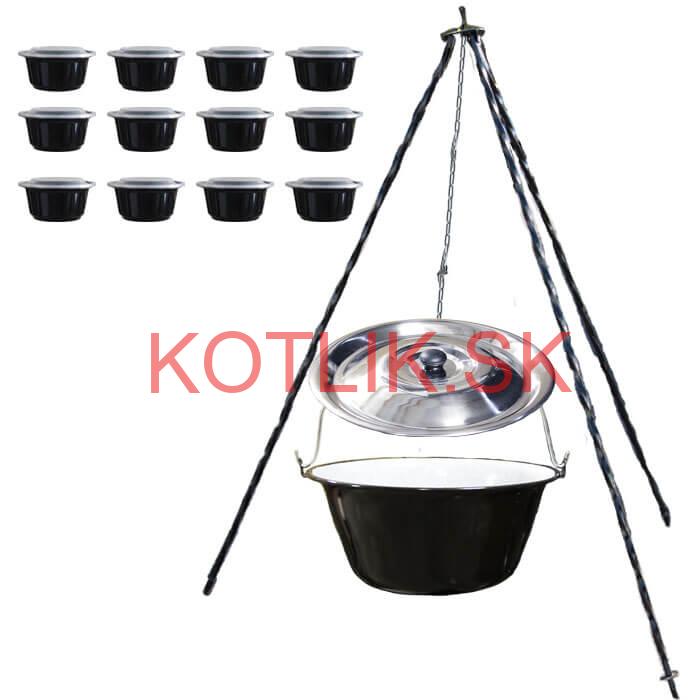 Smaltovaný kotlík 16 L + pokrievka + stojan + misky 12 ks