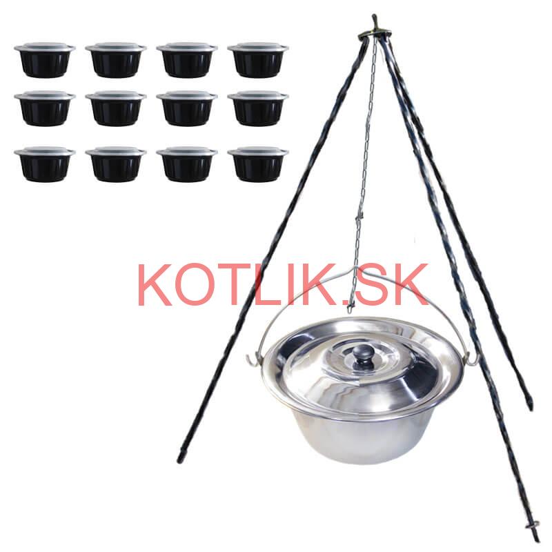Nerezový kotlík 14 L (0,8 mm) + antikorová pokrievka + stojan + misky 12 ks