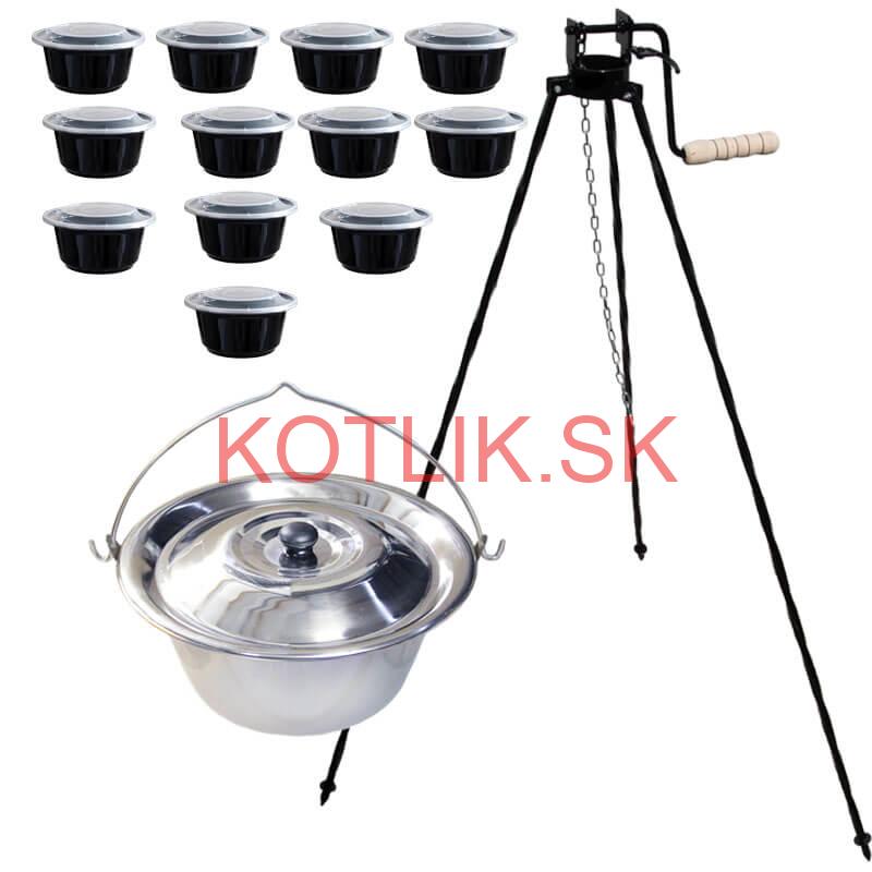 Nerezový kotlík 20 L (0,8 mm) + stojan s kladkou VAR + misky 12 ks