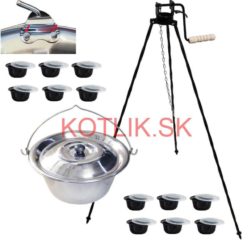 Antikorový kotlík 15 L (0,8 mm) s nitmi + stojan s kladkou VAR + misky 12 ks