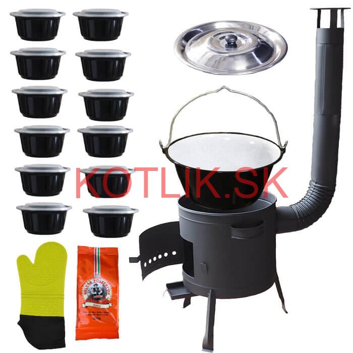 Smaltovaný kotlík 22 L (1,2 mm) + misky 12 ks + nízka žiaruvzdorná kotlina (0,8 mm) 42 PLUS 600