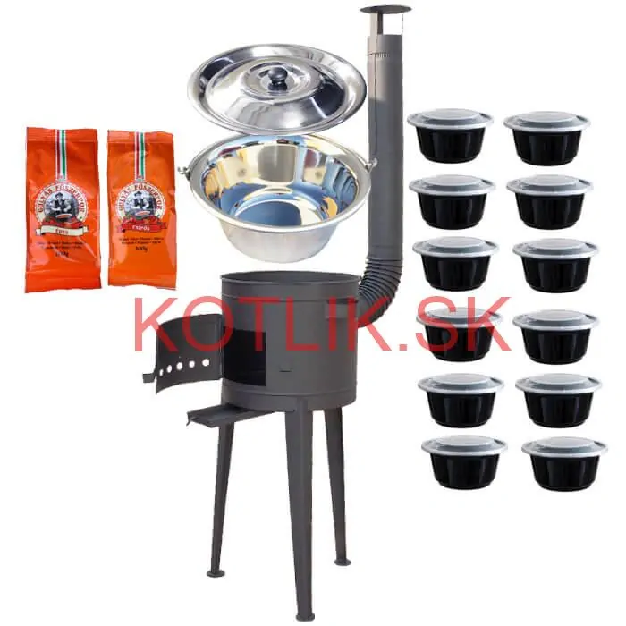 Nerezový kotlík 22 L (0,8 mm) INOX + vysoká žiaruvzdorná kotlina (2,0 mm) HODO 42 cm PLUS 600 + misky 12 ks + 2 x korenie na guláš 100 g