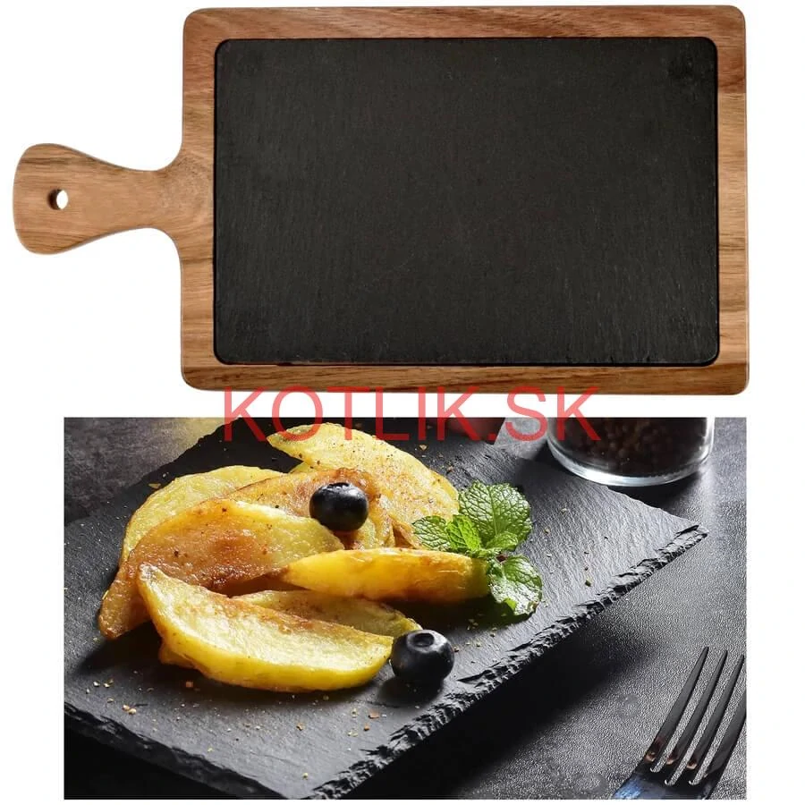 Servírovací podnos s bridlicovou doskou a rukoväťou z akáciového dreva 26 x 18 cm