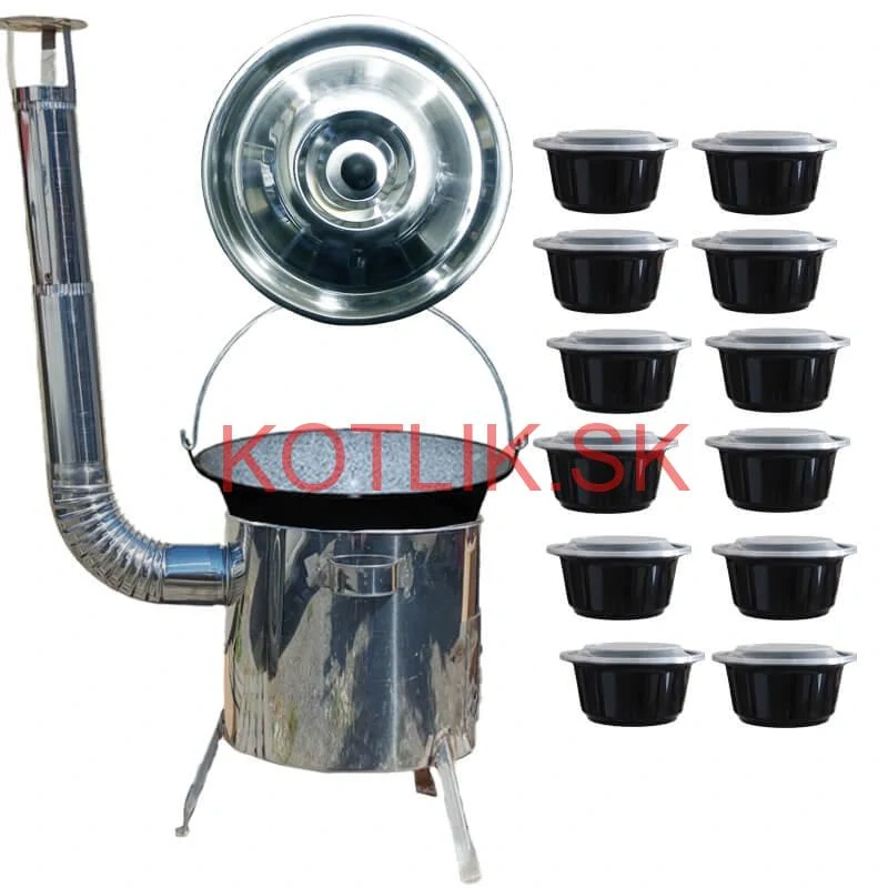 Smaltovaný kotlík 13 L + Nerezová kotlina 36 INOX LUSTRO + misky 12 ks