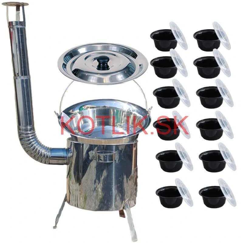 Nerezový kotlík 14 L (0,8 mm) INOX + Nerezová kotlina 36 INOX LUSTRO + misky 12 ks