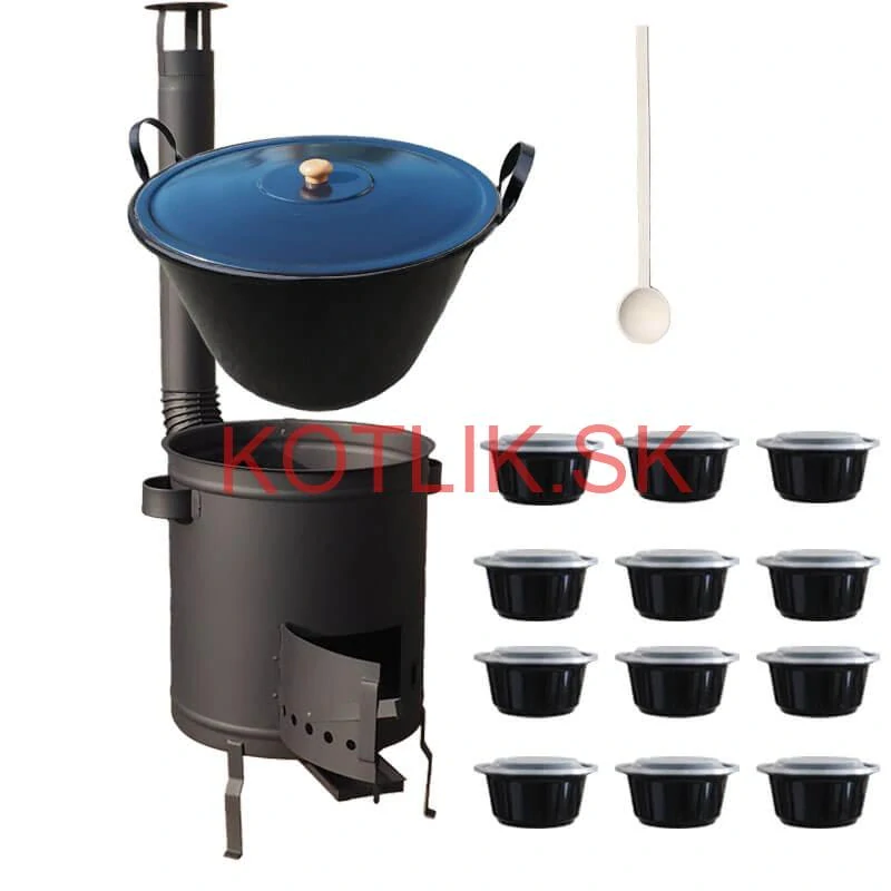 Smaltovaný kotol 70 L + hrubostenná kotlina 53 cm (2 mm) STRONG PLUS 600 + misky 12 ks