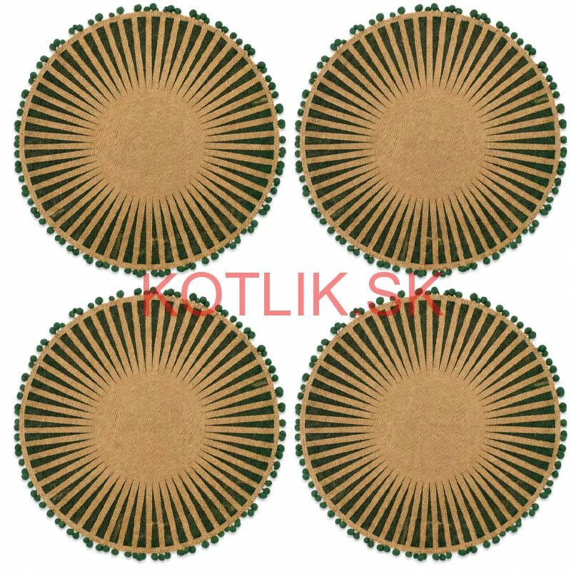 Okrúhle jutové podložky pod tanier zelené s pompónmi 37 cm, 4 ks