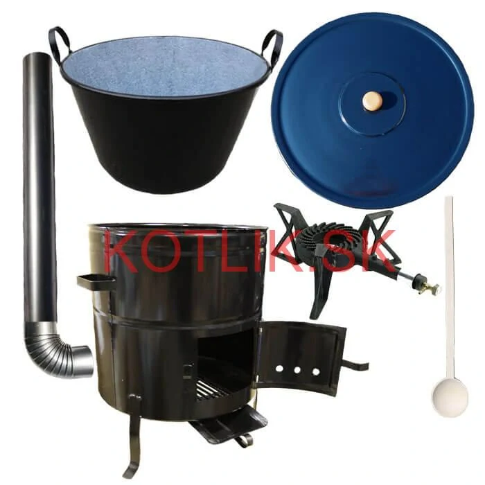 Zabíjačkový smaltovaný kotol 80 L + kovová kotlina 58 cm + horák 7 kW + dymovod