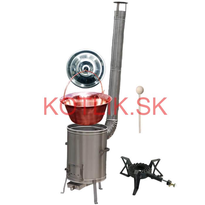 Medený kotlík 30 L (1,2 mm) + nerezová kotlina 42 cm + liatinový horák 7 kW, vareška LUX