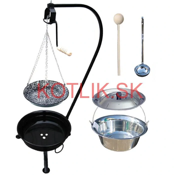 Nerezový kotlík 15 L (1,2 mm) INOX + smaltovaná panvica + ohnisko so stojanom a s poistnou kladkou VAR