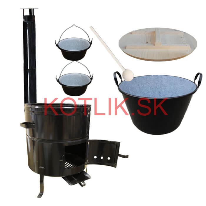 Zabíjačkový smaltovaný kotol 100 L, drevená pokrievka + kovová kotlina 60 cm + 2 servírovacie kotlíky