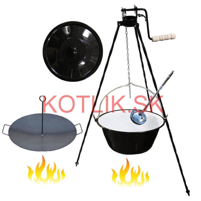 Smaltovaný kotlík 16 L (1,2 mm) + panvica na grilovanie a stojan s kladkou VAR